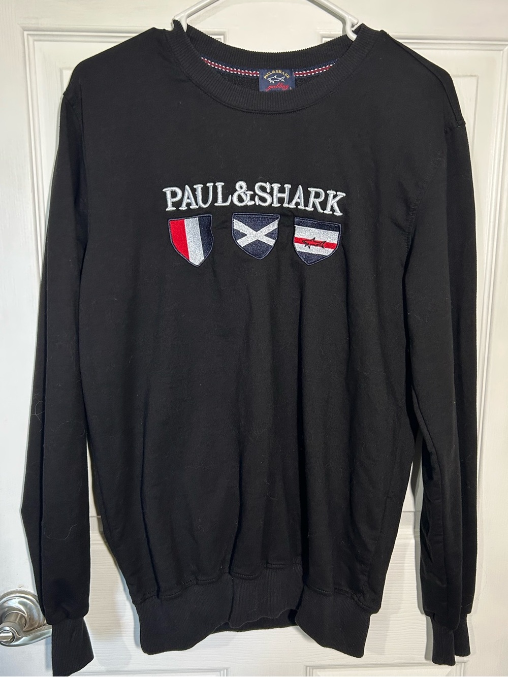 Paul & Shark Yachting Black Crewneck with Embroidered Crest Shields Size Large